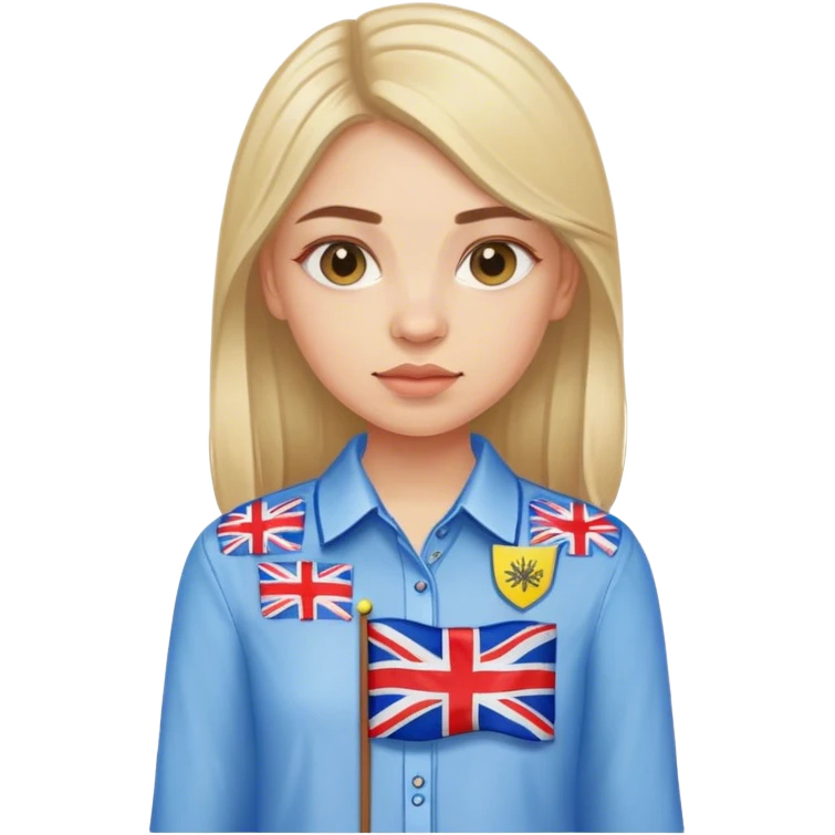 A Ukrainian girl in an embroidered shirt holds a British flag emoji