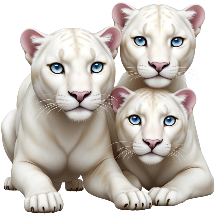 A hyper-realistic 3D render of two white panthers in a dynamic pose.
The female panther has hazel eyes, pure white fur, a soft pink nose, and intricate golden tattoos across her face and body. emoji