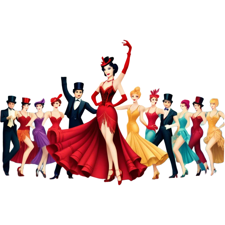 A vintage movie poster-style design inspired by Moulin Rouge. Include glamorous cabaret dancers in extravagant costumes, a colorful stage, sparkling lights, and a sense of drama. The atmosphere should be vibrant, with musical notes in the air. Retro cinematic style. Transparent background. emoji