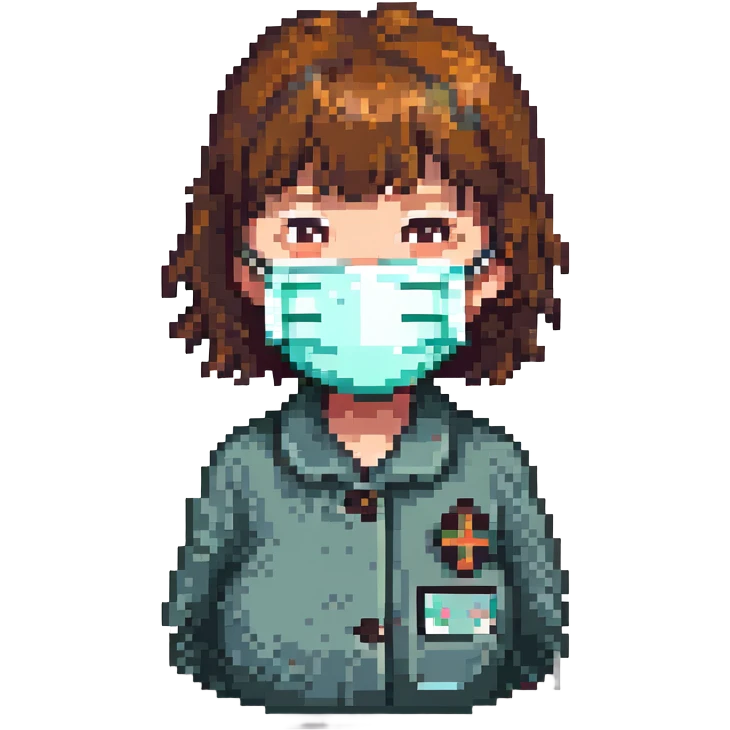Old girl wearing medical mask with bangs and short hair, hair color brown emoji
