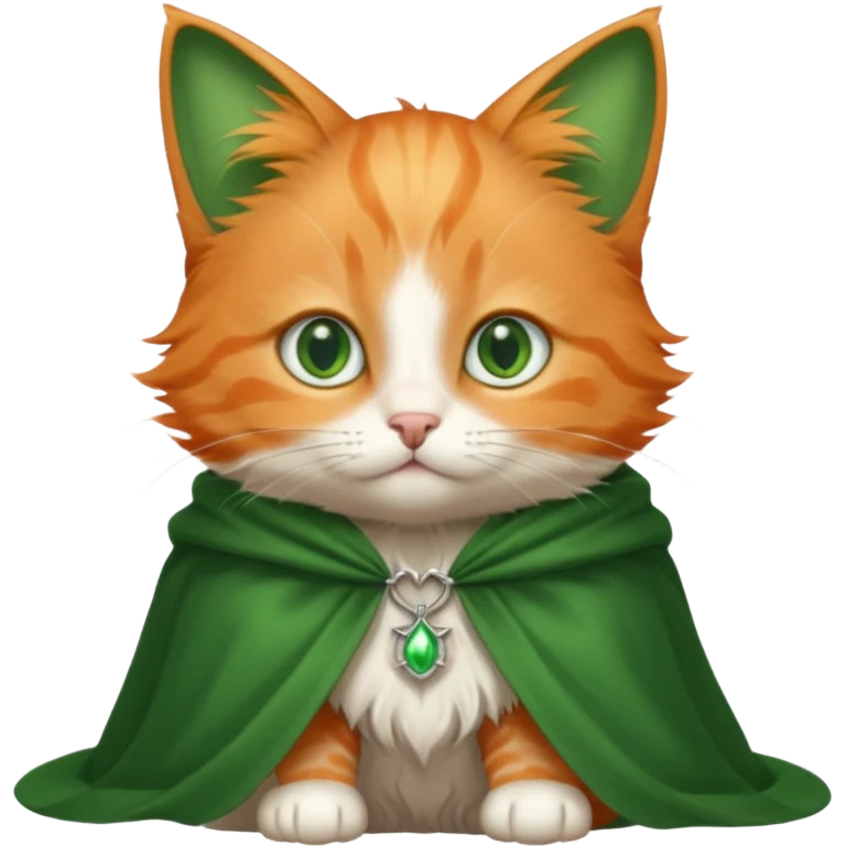 baby orange cat green eyes, in magic silver cloak emoji
