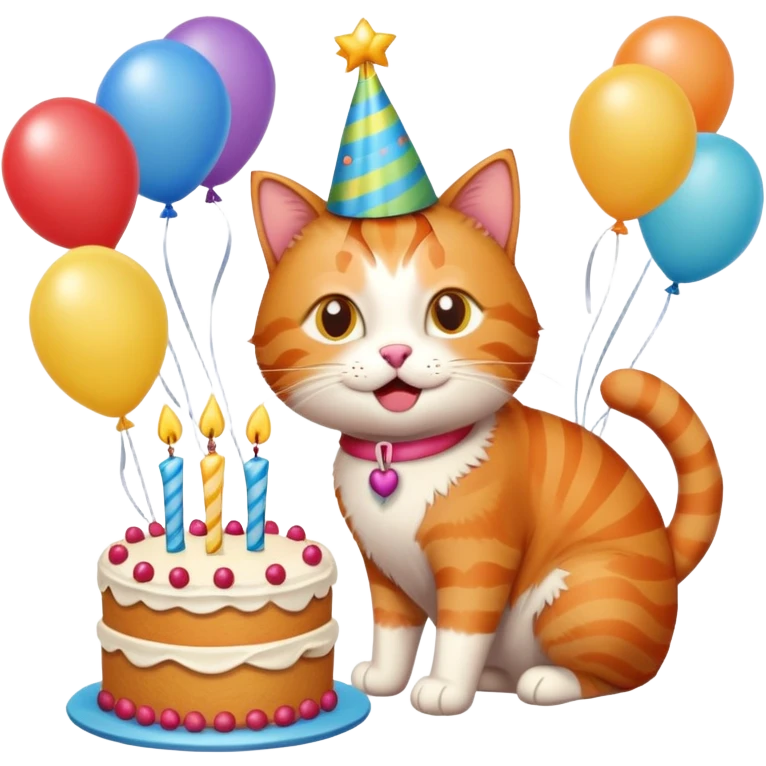 Ginger cat celebrates birthday, birthday hat, birthday cake, balloons, happy, gifts emoji