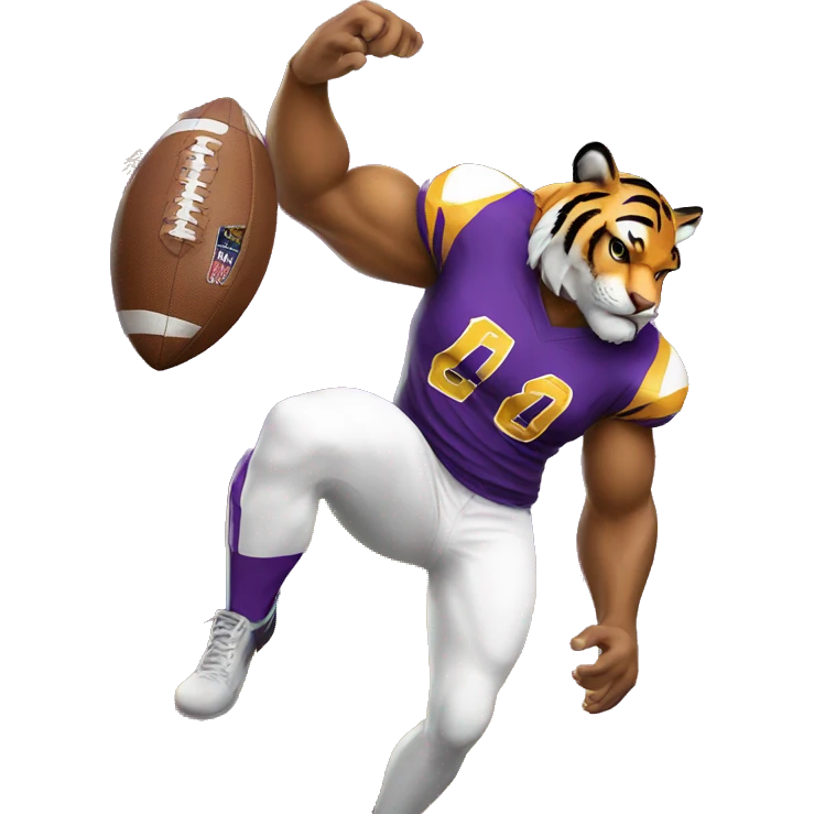 Tiger wearing purple and gold jersey and white pants holding a football emoji