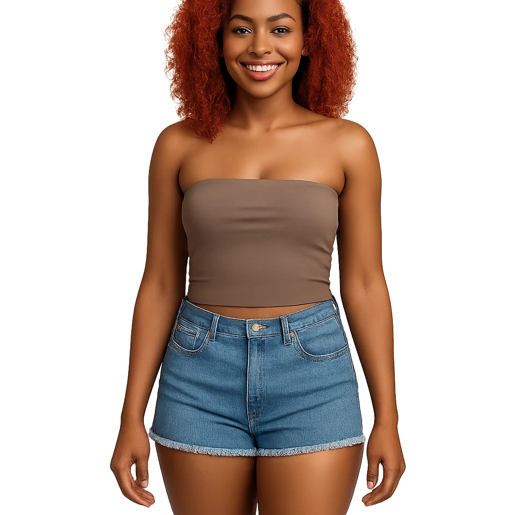 full body portrait of a light skinned Black woman with red hair, wearing a tube top and daisy duke shorts, friendly expression emoji