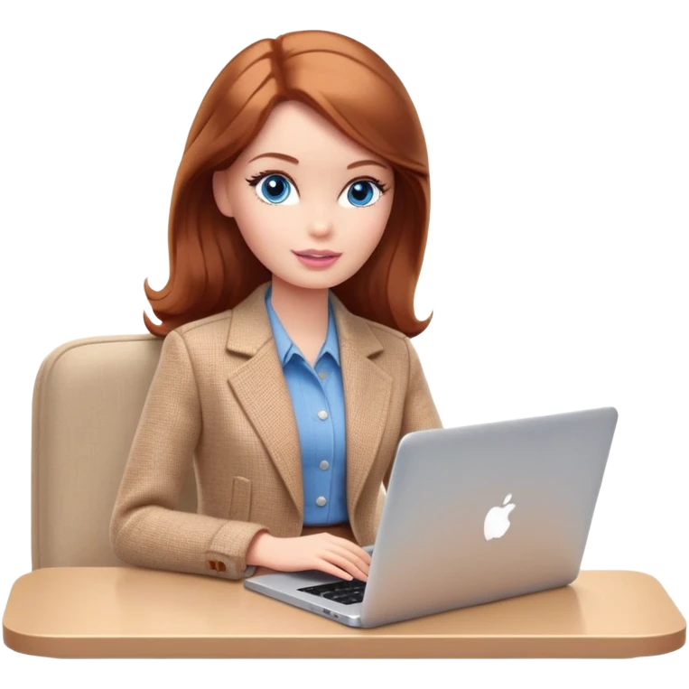 A Barbie girl with blue eyes, shoulder-length reddish-brown hair, made-up, wearing a beige tweed jacket and a beige skirt, is sitting with a MacBook emoji
