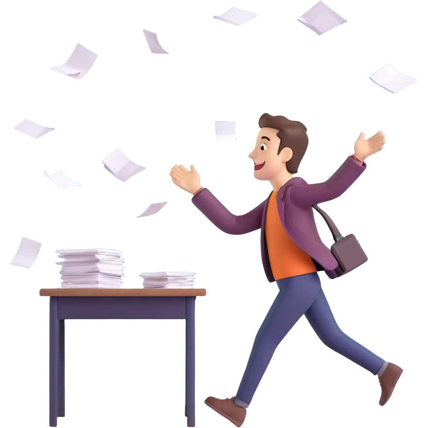 person happily quitting a job, tossing papers in the air, walking away from a desk, joyful expression emoji