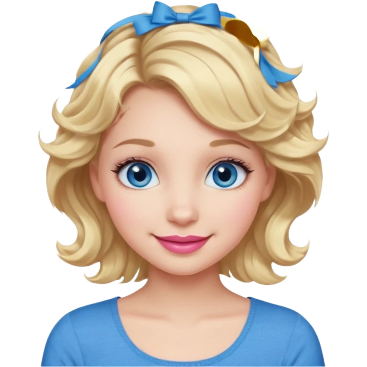 Girl Blonde short wavy hair,  blue eyes, cute blue top, long lashes, pink lips, smiling, 💁🏻‍♀️  emoji