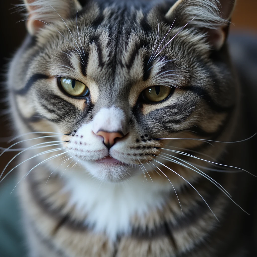a realistic close-up of a cat face, white nose and underbelly, gray fur, detailed fur texture, photorealistic style emoji