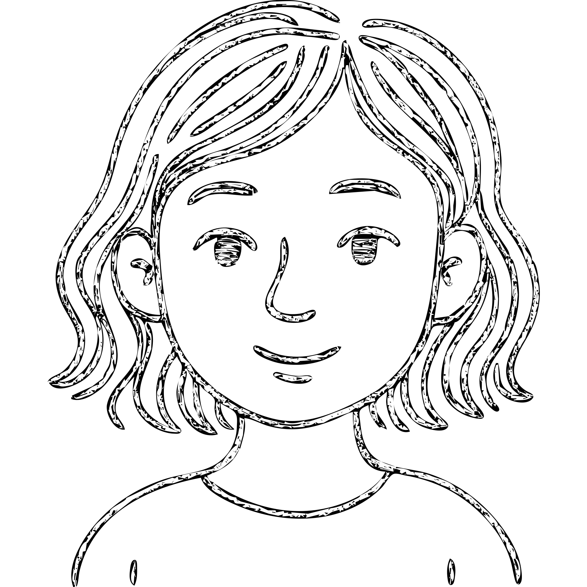 portrait of an Asian girl with medium brown wavy hair and brown eyes, hand-drawn outlined icon emoji