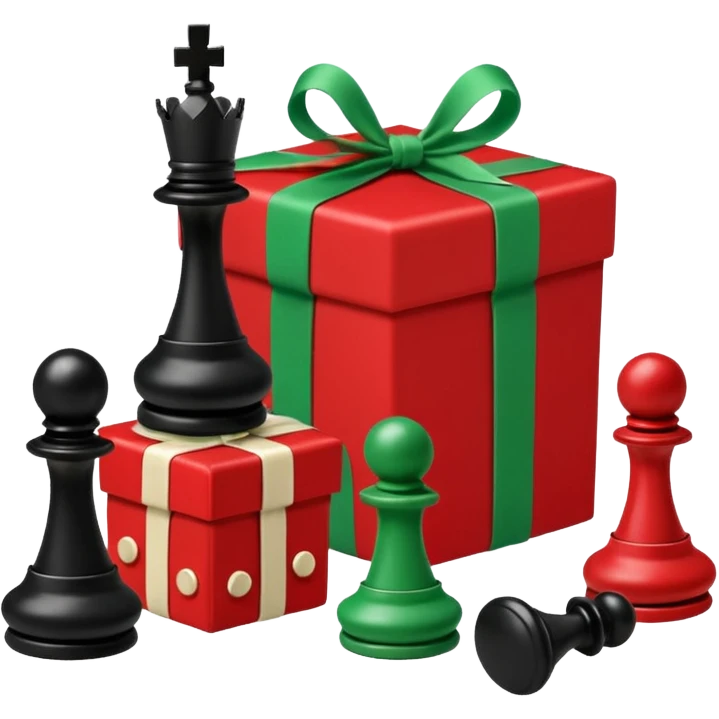 A red gift tied with a green ribbon in a white polka dot, with a knight and pawn chess pieces falling out of the gift emoji