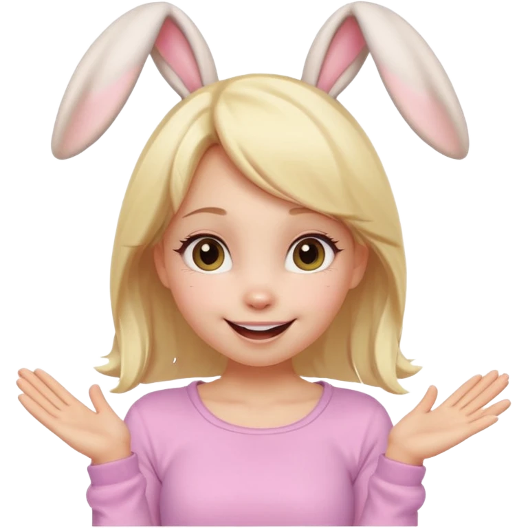 A playful blonde female cartoon character with wide, mischievous eyes, smiling, bunny ears accessory, dynamic pose suggesting movement, pastel colors, minimalistic and cute emoji style. emoji