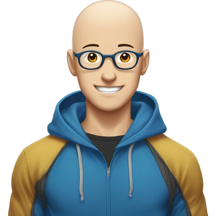 bald saitama in his 20s smiling wearing glasses and blue hoodie emoji