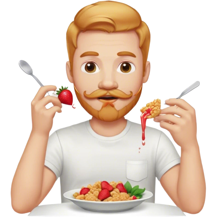 White man with strawberry blonde hair, light beard, and mustache wearing white t shirt eating Chinese food very happily emoji