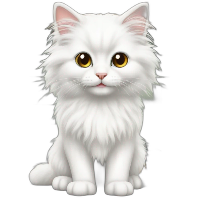 Long-haired white fluffy kitten standing in the kitchen preparing breakfast. emoji