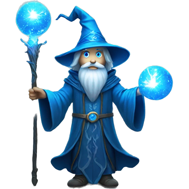 Wizard with staff emitting magical light, ball at the end glowing blue. Mysterious and impressive. emoji