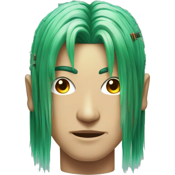 Head of Asian male cyborg with long green hair and circuits emoji