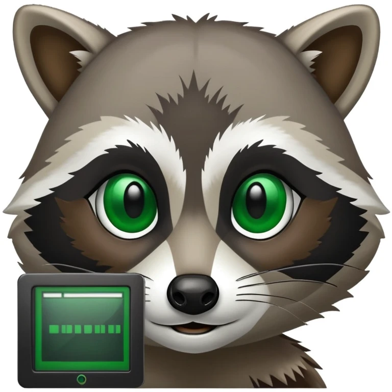 Raccoon face with black computer terminal window in background. The terminal window displays code in green and black. emoji
