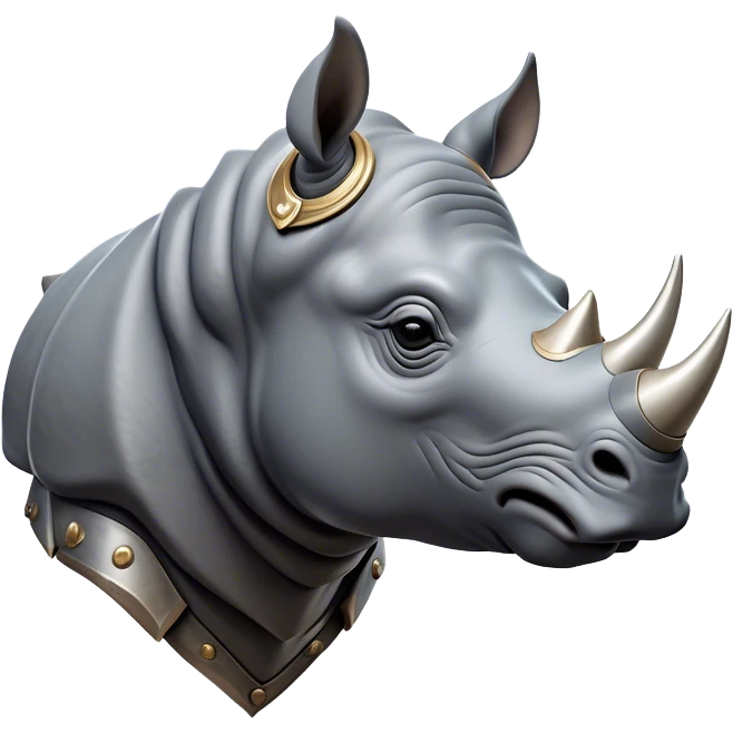 Cinematic Noble Rhinoceros Portrait Emoji, Poised and regal, with a massive, powerful build and a thick, armored hide of slate gray, accented by a prominent, striking white horn, deep-set soulful piercing eyes, Simplified yet sharp and sophisticated features, highly detailed, glowing with a soft, dignified glow, high shine, intelligent and formidable, stylized with an air of ancient might, focused and attentive, soft glowing outline, capturing the essence of a watchful and commanding behemoth, so majestic it feels as though it could charge out of the screen with effortless authority! emoji