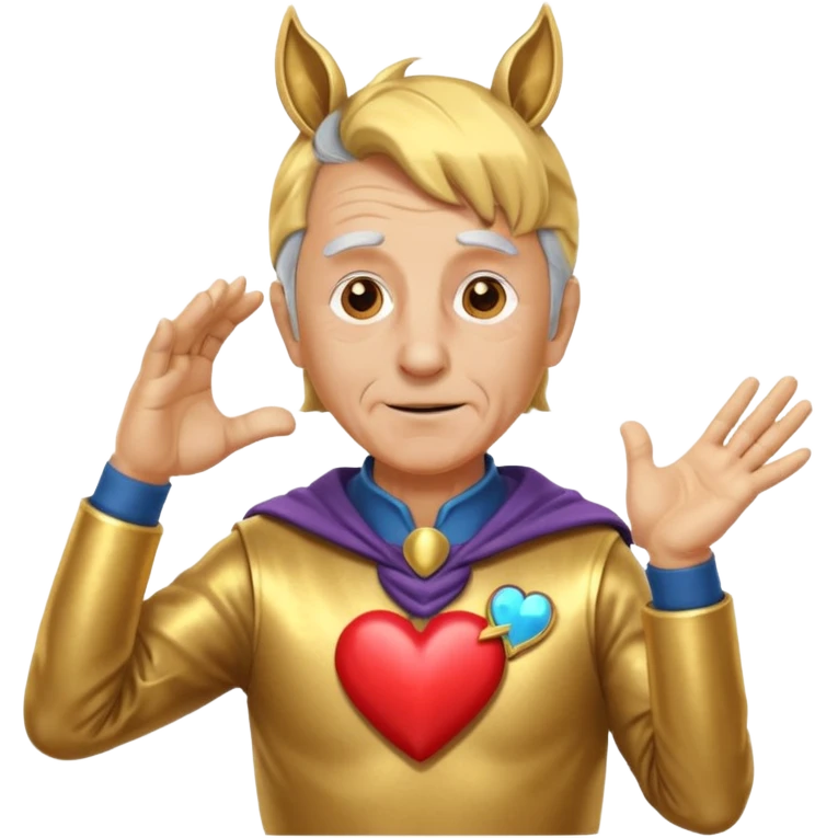 An elderly man with golden skin, his body shining like polished metal, wearing a horse cosplay costume with horse ears and a tail. He is making a heart shape with his hands and blushing slightly, showing a shy and embarrassed expression. emoji