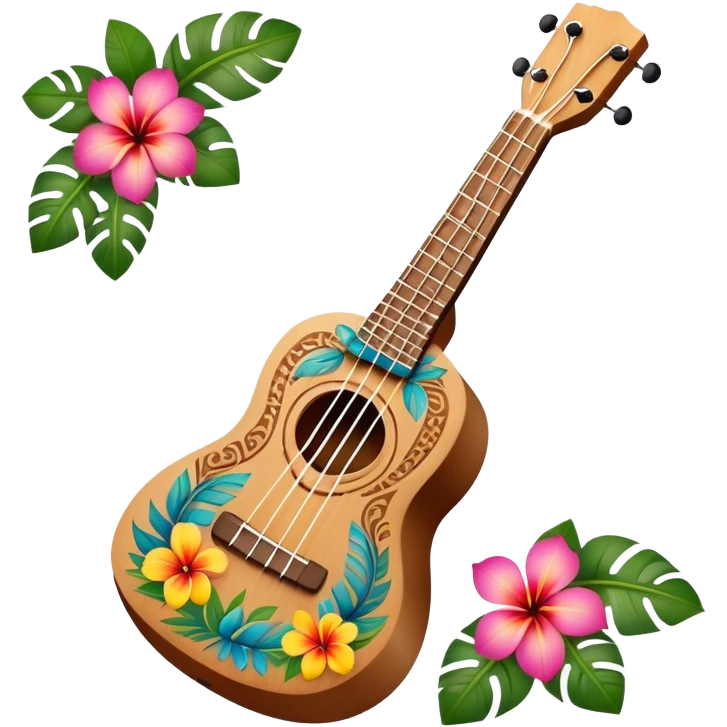 Ukulele with Polynesian carvings laying on flowers emoji