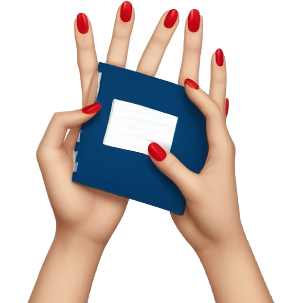 a female hand with a red manicure holds a dark blue notepad emoji