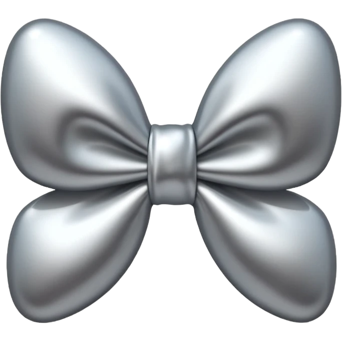 A cute bow emoji made of polished silver chrome, smooth rounded loops, glossy metallic surface, soft mirror reflections, subtle highlights, minimal and adorable proportions, iOS emoji style, centered composition, clean white background, soft studio lighting, no text, no outline, ultra high quality emoji