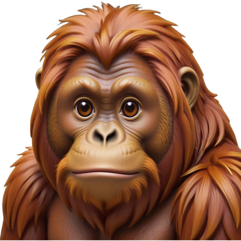 Cinematic Noble Orangutan Portrait Emoji, Poised and regal, with a robust, thoughtful build and deep, soulful eyes framed by rich, textured fur, Simplified yet sharp and sophisticated features, highly detailed, glowing with a soft, earthy glow, high shine, intelligent and contemplative, stylized with an air of ancient wisdom, focused and commanding, soft glowing outline, capturing the essence of a watchful and confident guardian that appears ready to step out of the screen with timeless authority! emoji