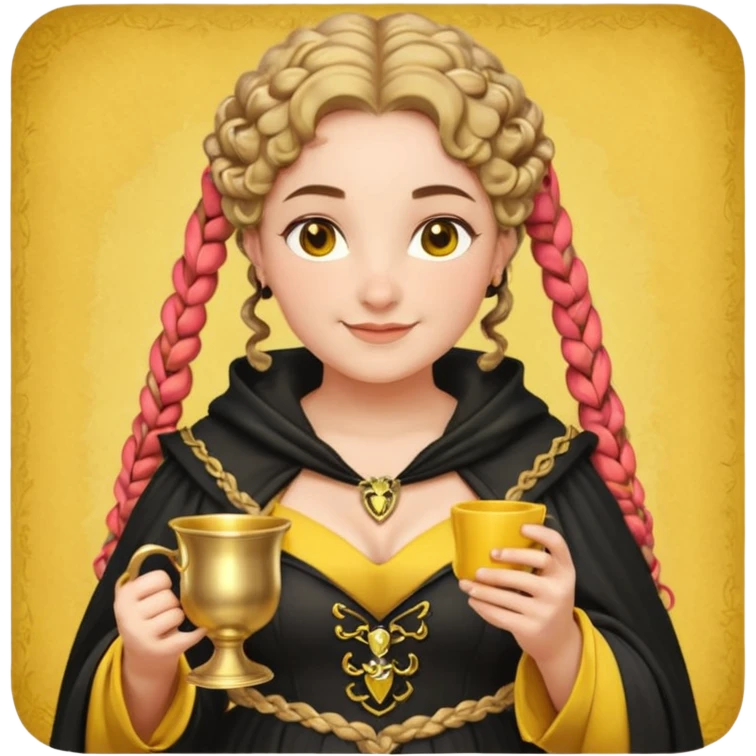 Helga Hufflepuff, 2 curly thick brown braids, yellow-black medieval dress, black cloak decorated with gold braiding, tiny two-handled shiny yellow-gold cup, very kind smile, curvy busty sweet woman, thick rosy cheeks emoji