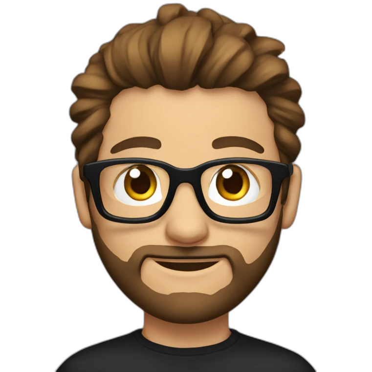 White Man with clear glasses brown hair and a black tshirt and a man bun and beard emoji