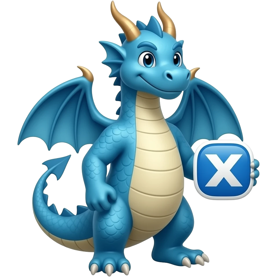 Blue dragon looking right holding X logo emoji