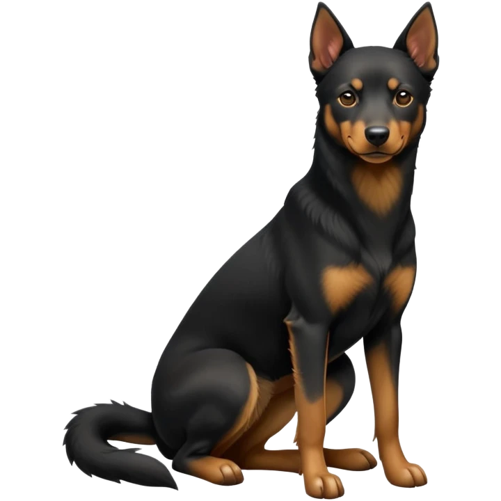 cinematic-[australian kelpie]-realistic-full-body-sitting-emoji,-tail-resting-loosely-beside-its-paws,-head-tilted-dramatically, -sleek-[Black and tan]-fur,-simplified-yet-realistic-focused-features,-highly-detailed,-glowing-with-an-almost-sarcastic-glow emoji