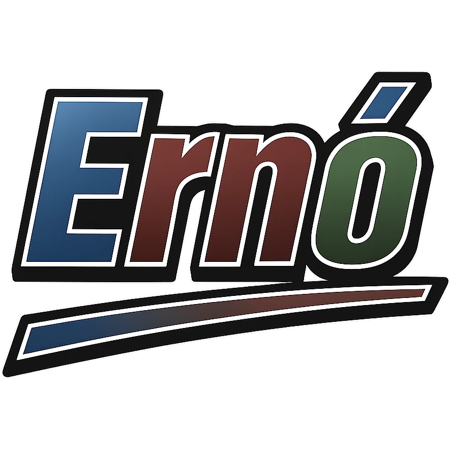 Ernő name in masculine, modern gradient font with dark contour, prominent and clearly visible white outline around the letters as in the sample, dynamic slanted underline, masculine color shades (blue, gray, burgundy, green, brown), 1000x1000 px, PNG, transparent background, in the style of the uploaded Attila sample. emoji