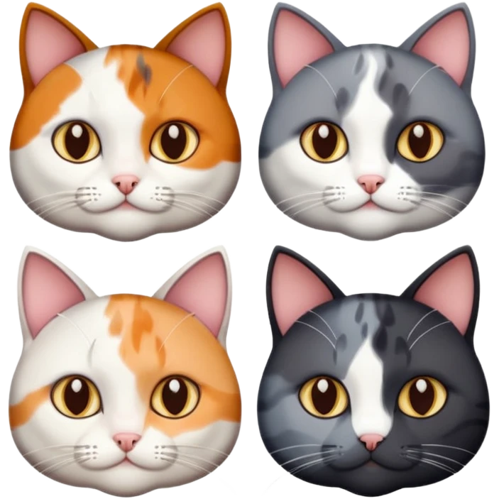 4 different coloured short haired cats including; a dark brown and white cat, and a dark grey and white  emoji