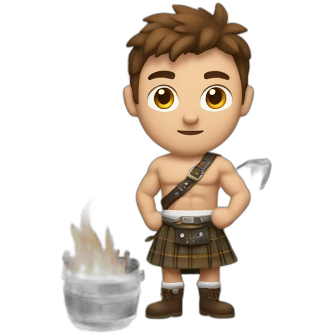 monty starting a fire wearing a kilt flexed muscle bicep brown haired emoji