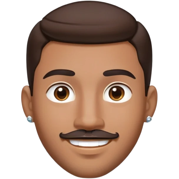 Apple-style cartoon emoji of a floating head only, young man with medium brown skin, mixed-race ethnicity, long dark brown hair with PERFECT MIDDLE PART exactly centered, mustache separated from goatee, medium brown eyes, small diamond stud earrings, absolutely no neck or shoulders visible emoji