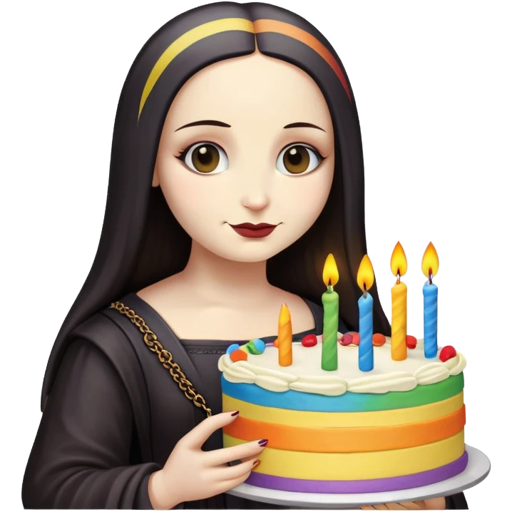 goth monalisa holding a rainbow birthday cake  emoji