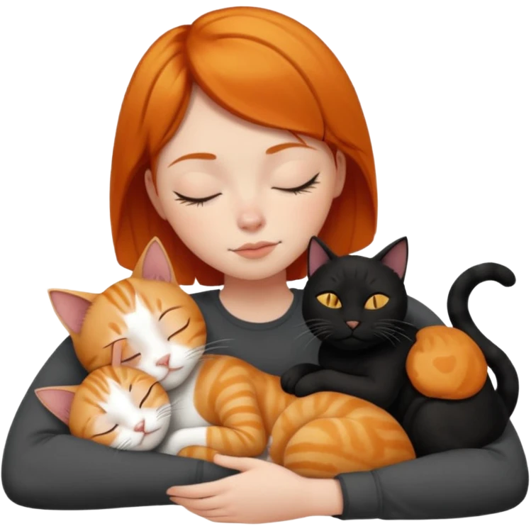 Ginger Girl short hair sleeping with two cats a black and a white bigger cat  emoji