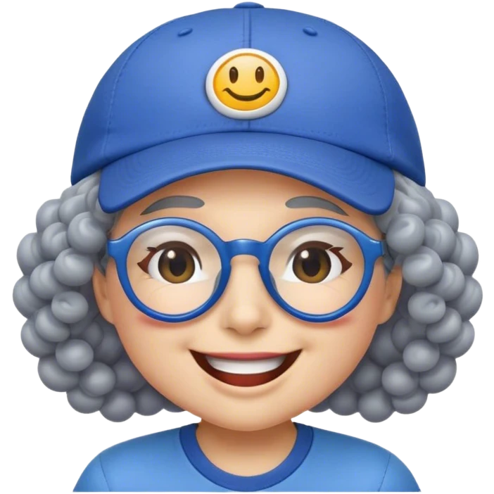 yellow female smiley face emoji, big smile, winking, wearing a blue ballcap backwards, grey curly hair, glasses, no eye color, face only emoji