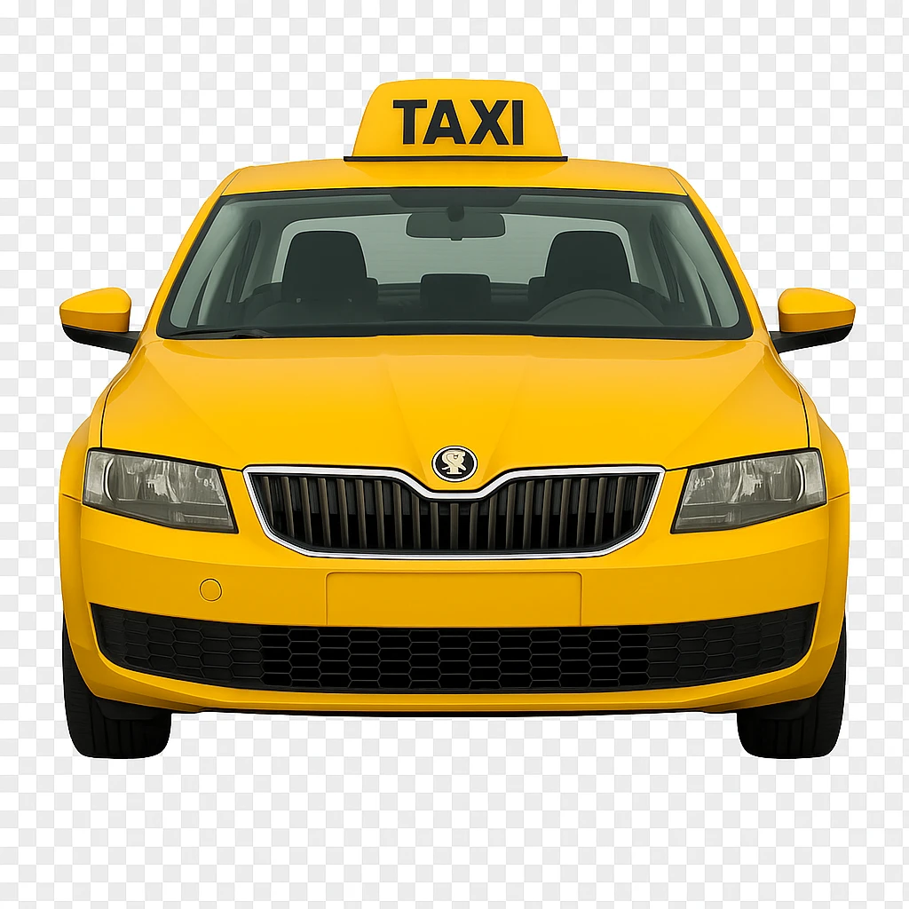 Show the yellow taxi from the front, with a visible face, no background. Remove the background to isolate the subject. emoji