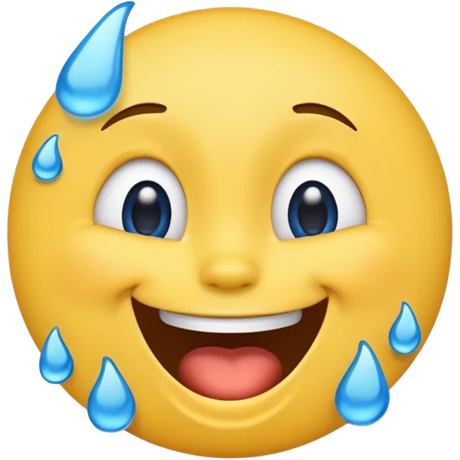 Emoji, yellow round laughing tilted head face sideways with blue tears of fun emoji