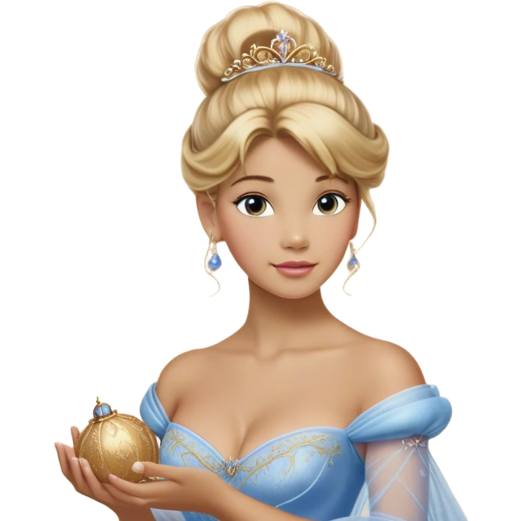 Cinematic Realistic Cinderella Portrait, depicted with lifelike skin texture, subtle rosy undertones, and soft natural lighting that enhances the gentle contours of her face. Her intricately detailed golden blonde hair is elegantly styled in an updo, with delicate wisps framing her face for added realism. Her deep, expressive blue eyes radiate warmth and sincerity, reflecting a quiet resilience and grace. She is dressed in her iconic ball gown, the fabric shimmering with intricate embroidery and fine translucent layers that catch the light beautifully. The soft sheen of satin gloves and the delicate sparkle of a glass-like slipper peeking from beneath her dress add a touch of magical realism. The portrait features an enchanting glow with a natural, luminous finish, seamlessly blending realism and fairytale charm to evoke a sense of depth, elegance, and timeless beauty. emoji
