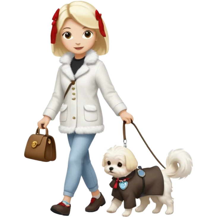 blonde woman, walking a small maltese dog. emoji