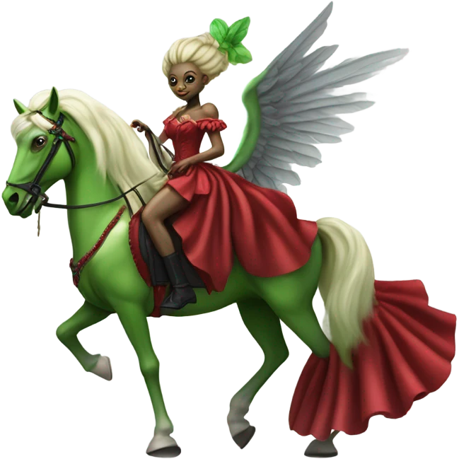 "galora green blonde alien woman" in red Victorian elegant dress, full body, rides winged horse

 emoji
