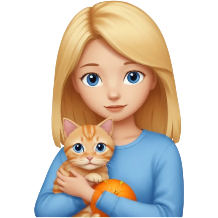 blonde girl with blue eyes holding an orange tabby cat, minimal details emoji