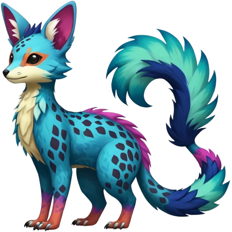 Feral Rare Fantasy colorful vibrant Vernid-Trico-species-Fakemon-creature by LiLaiRa, random markings, tufted tail, tufted ears, full body emoji