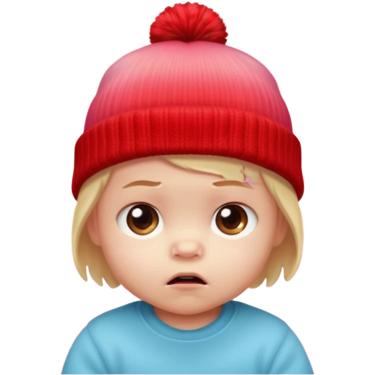 a baby red upset face emoji with a glowing pastel red gradient behind it, red beanie hat on emoji