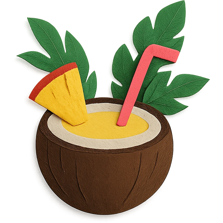 pina colada in a coconut shell with a straw and tropical leaves in paper-craft style emoji