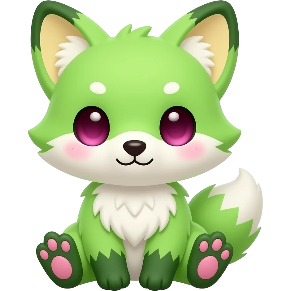 Cute chibi kawaii Neon-light-lime-green furry fox with white belly and white muzzle, dark-green paws, dark green ears, and magenta eyes, pastel-yellow-beige inside ears-pinna/ear flap, pink paw pads emoji