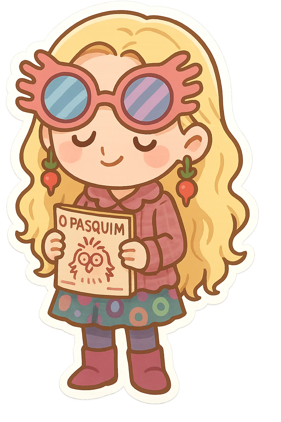 cute chibi character inspired by Luna Lovegood, long blonde hair, wearing eccentric and colorful clothes, radish earrings, holding the magazine O Pasquim, transparent background emoji