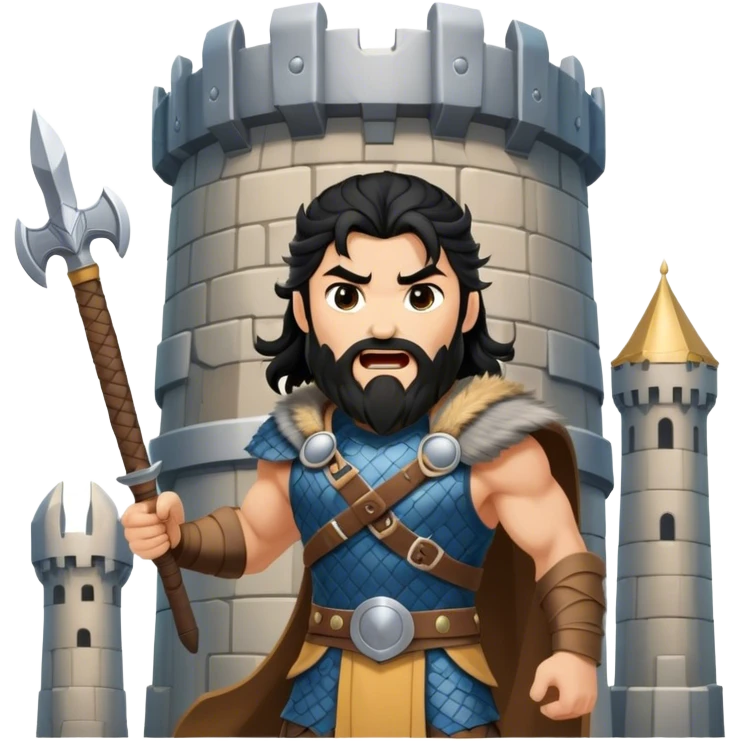 vikingo con armadura de Asgard, pelo negro ondulado, de pie, grito de guerra en torre de Asgard. emoji